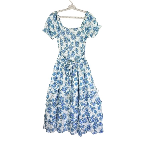 Point Sur J.Crew Blue Green Floral Smocked Tiered Midi Dress Womens 6 Cotton - Picture 3 of 9